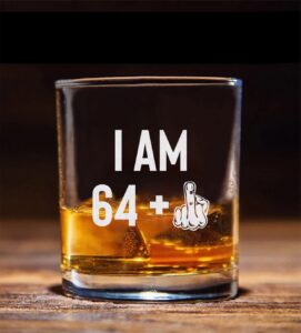 qptadesigngift i am 64 + middle finger whiskey glass - whiskey glass etched - 65th birthday - funny birthday turning 65th - fathers day glass - funny 65th birthday