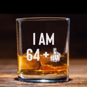 QPTADesignGift I Am 64 + Middle Finger Whiskey Glass - Whiskey Glass Etched - 65Th Birthday - Funny Birthday Turning 65Th - Fathers Day Glass - Funny 65Th Birthday