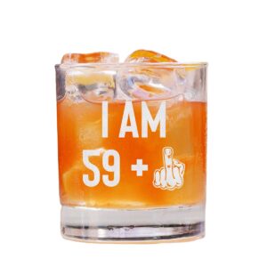 QPTADesignGift I Am 59 + Middle Finger Whiskey Glass - Whiskey Glass Etched - 60Th Birthday - Funny Birthday Turning 60Th - Fathers Day Glass - Funny 60Th Birthday