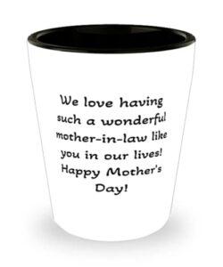 useful mother-in-law gifts, we love having such a wonderful mother-in-law like you in!!, birthday shot glass for mother-in-law, funny mother in law gifts, gifts for mother in law, mother in law gift