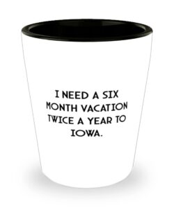i need a six month vacation twice a year to iowa. shot glass, iowa ceramic cup, sarcastic for iowa