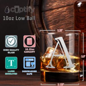 Monogram Initial Letter A Etched Whiskey Glass 10.25 oz Rocks Cocktail Glass Etched Personalized Gifts for Men and Women