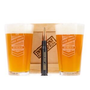 man crates, big shot crate – includes 2 personalized pint glasses & .50 cal bullet bottle opener – great gift for men