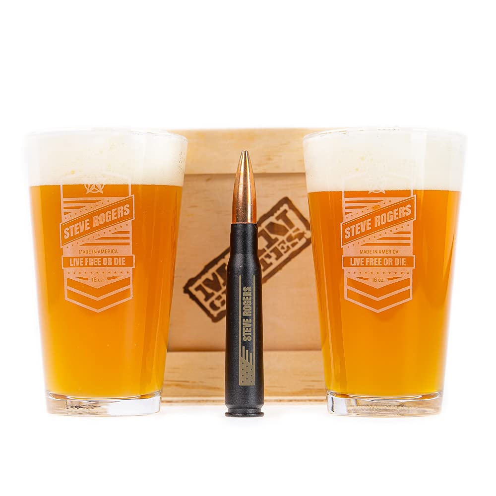 Man Crates, Big Shot Crate – Includes 2 Personalized Pint Glasses & .50 cal Bullet Bottle Opener – Great Gift for Men