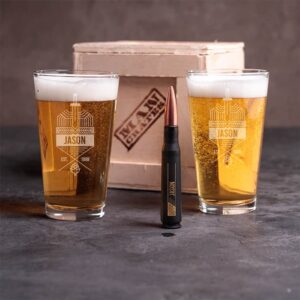 Man Crates, Big Shot Crate – Includes 2 Personalized Pint Glasses & .50 cal Bullet Bottle Opener – Great Gift for Men