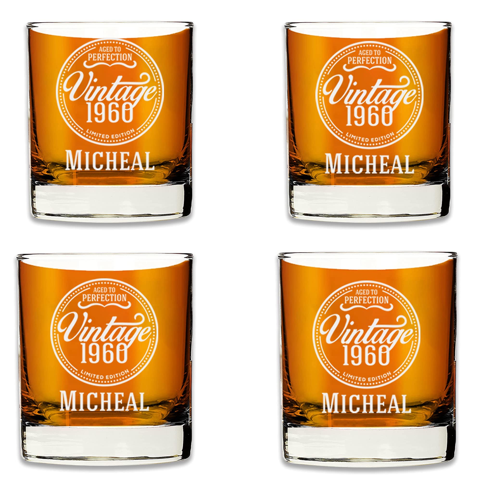 Froolu Personalized Vintage Scotch Whiskey Glasses - Customize Name & Year - 4 Premium Vintage Designs - Gift for Dad, Brother, Son, Husband - Great for Birthday, Anniversary, Christmas - Etched