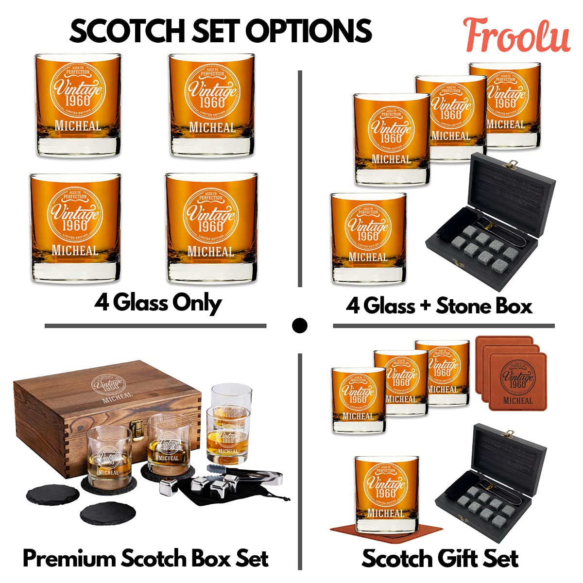 Froolu Personalized Vintage Scotch Whiskey Glasses - Customize Name & Year - 4 Premium Vintage Designs - Gift for Dad, Brother, Son, Husband - Great for Birthday, Anniversary, Christmas - Etched