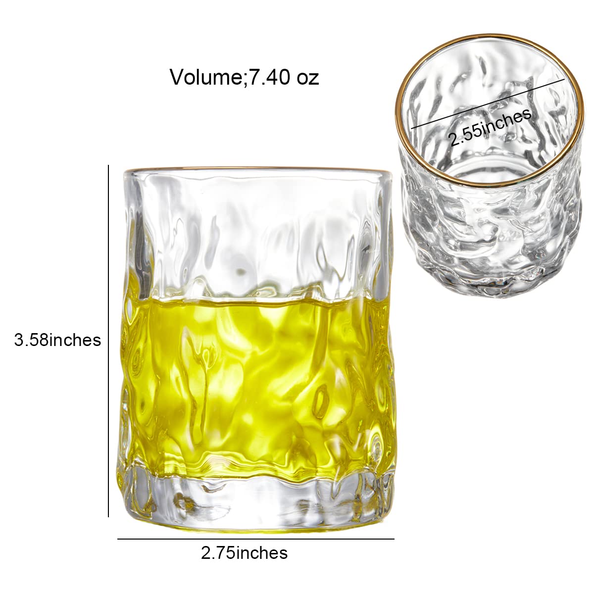 HALOYIVGO Whiskey Glasses Set of 2,Gold Bande Rims 7.4 oz Crystal Drinking Glasses,for Bourbon,Scotch,Cocktails,Cognac,Tequila,Irish,Brandy Rye Gift for Men Women at Home Bar