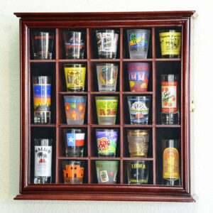 21 shot glass shotglass shooter display case holder cabinet wall rack 98% uv lockable -cherry