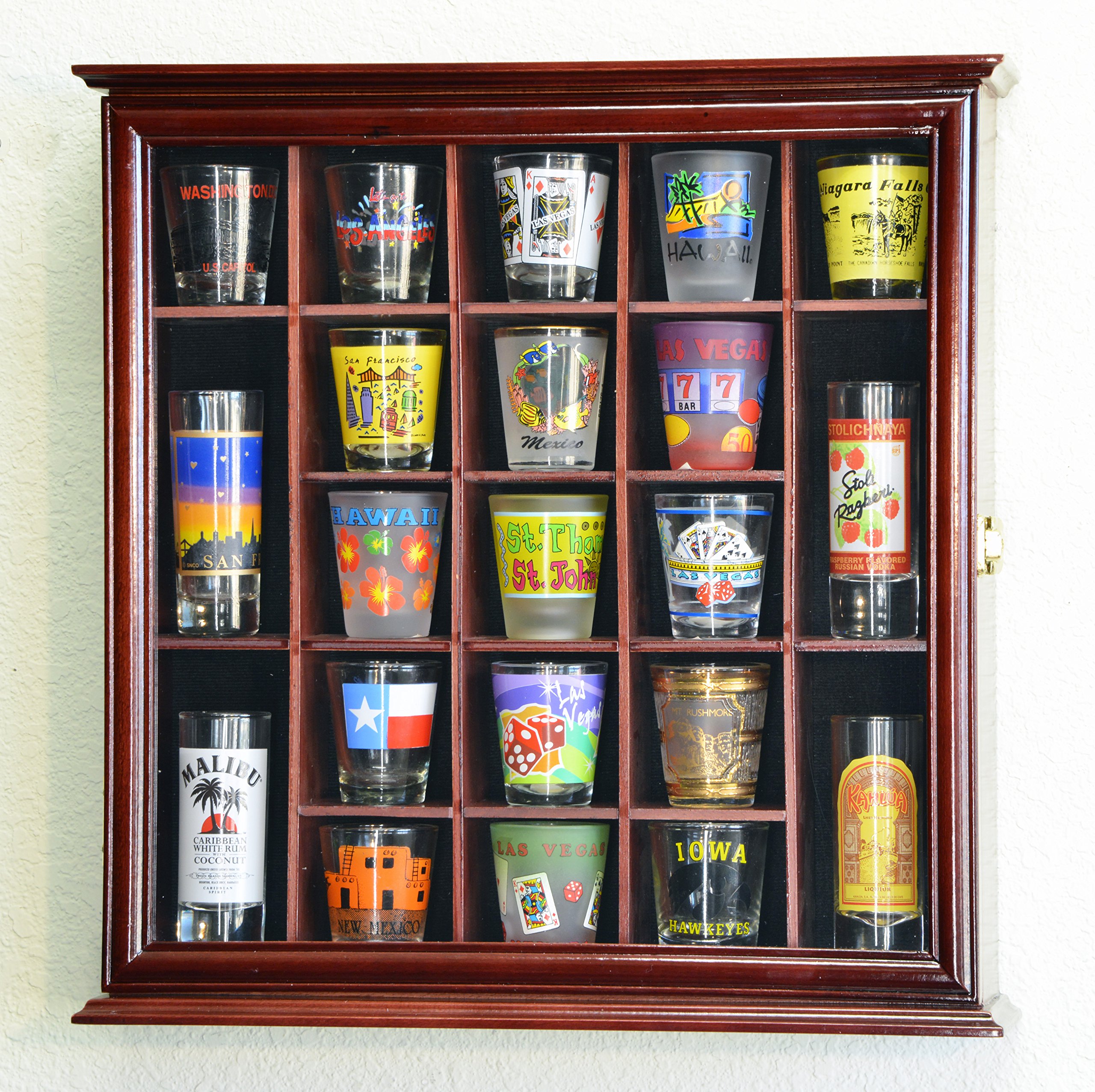 21 Shot Glass Shotglass Shooter Display Case Holder Cabinet Wall Rack 98% UV Lockable -Cherry