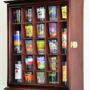 21 Shot Glass Shotglass Shooter Display Case Holder Cabinet Wall Rack 98% UV Lockable -Cherry