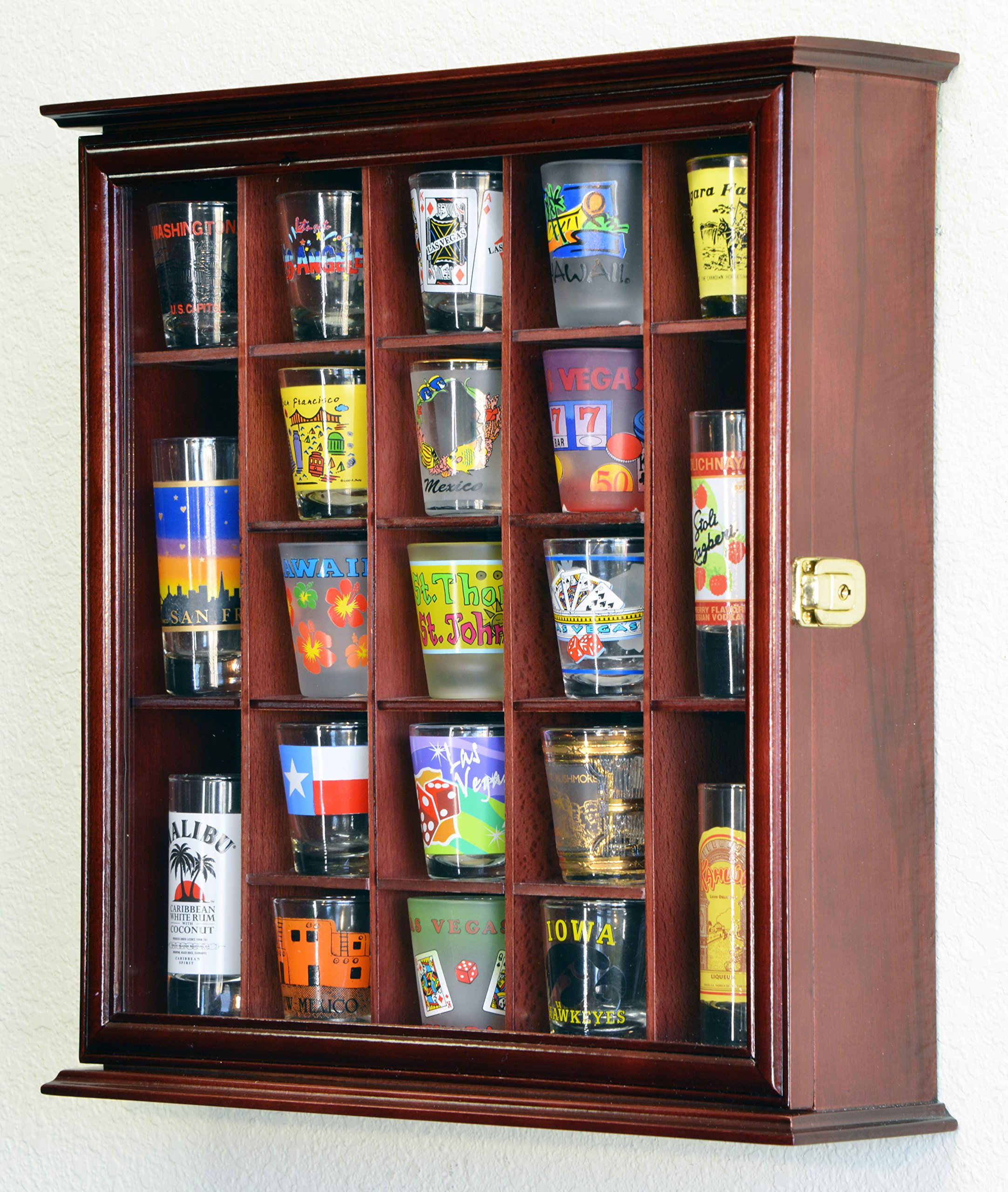 21 Shot Glass Shotglass Shooter Display Case Holder Cabinet Wall Rack 98% UV Lockable -Cherry