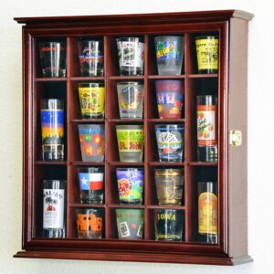 21 Shot Glass Shotglass Shooter Display Case Holder Cabinet Wall Rack 98% UV Lockable -Cherry