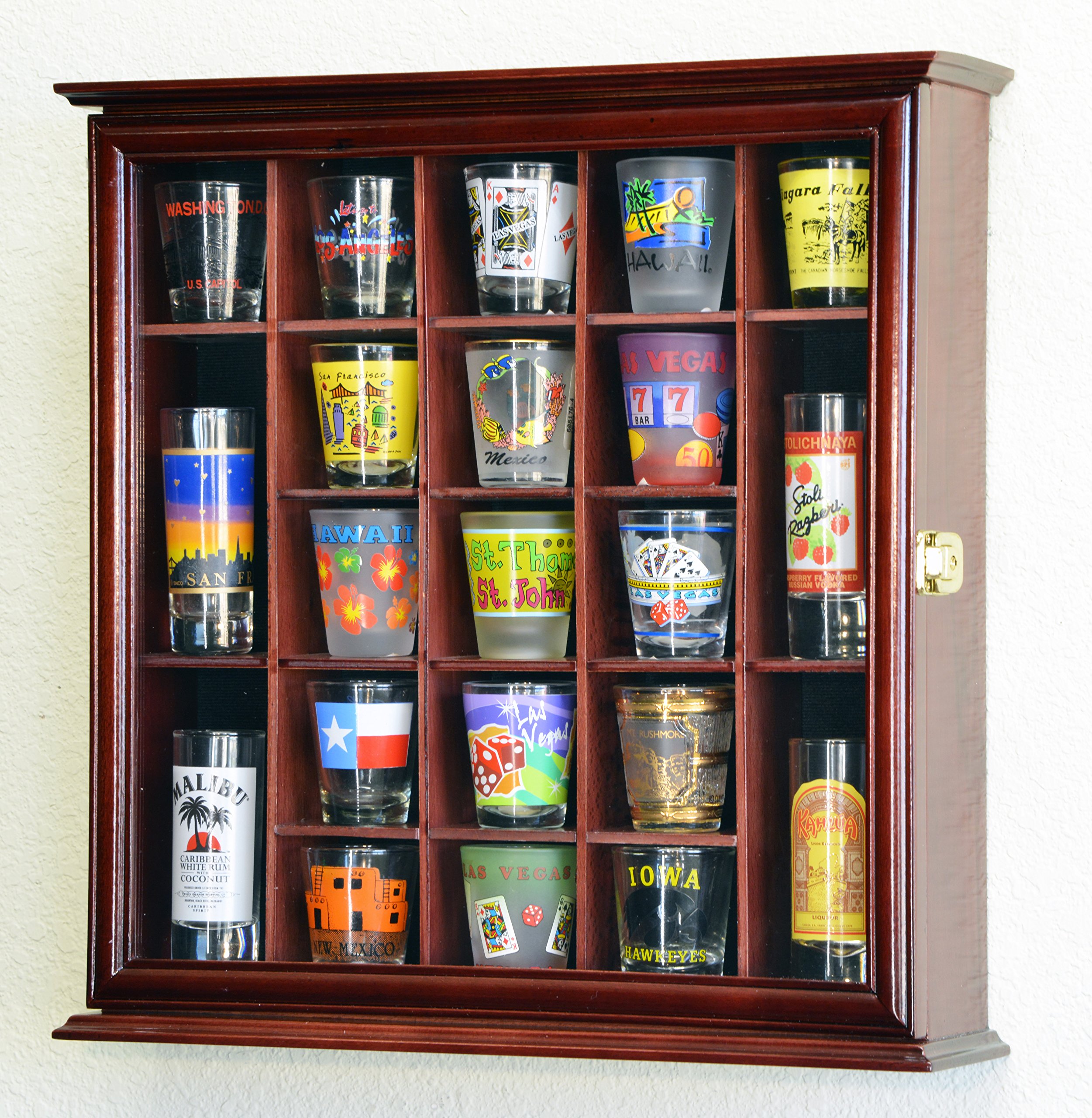 21 Shot Glass Shotglass Shooter Display Case Holder Cabinet Wall Rack 98% UV Lockable -Cherry