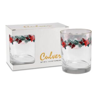 culver 22k gold rim poinsettia pine cones dof double old-fashioned holiday glasses, 13.5-ounce, gift boxed set of 2
