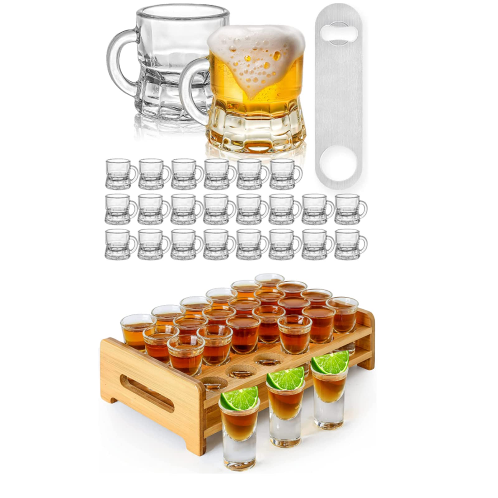 Supwinnet 48pcs Shot Glasses Set, 24pcs 0.5oz/15ml Mini Shot Glasses with Tray and Holder Organizer and 24pcs 1 oz/30ml Beer Glasses with Handle