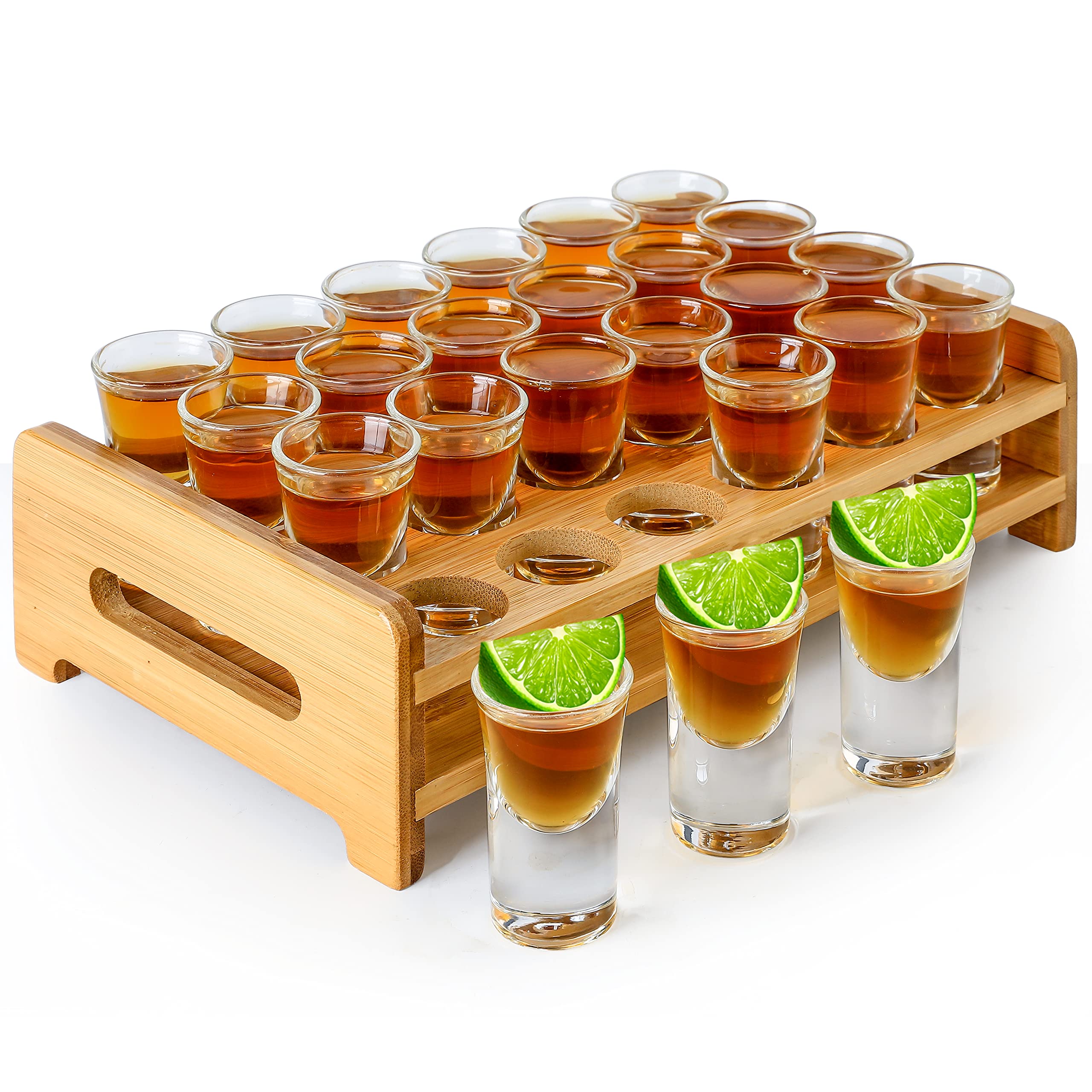 Supwinnet 48pcs Shot Glasses Set, 24pcs 0.5oz/15ml Mini Shot Glasses with Tray and Holder Organizer and 24pcs 1 oz/30ml Beer Glasses with Handle