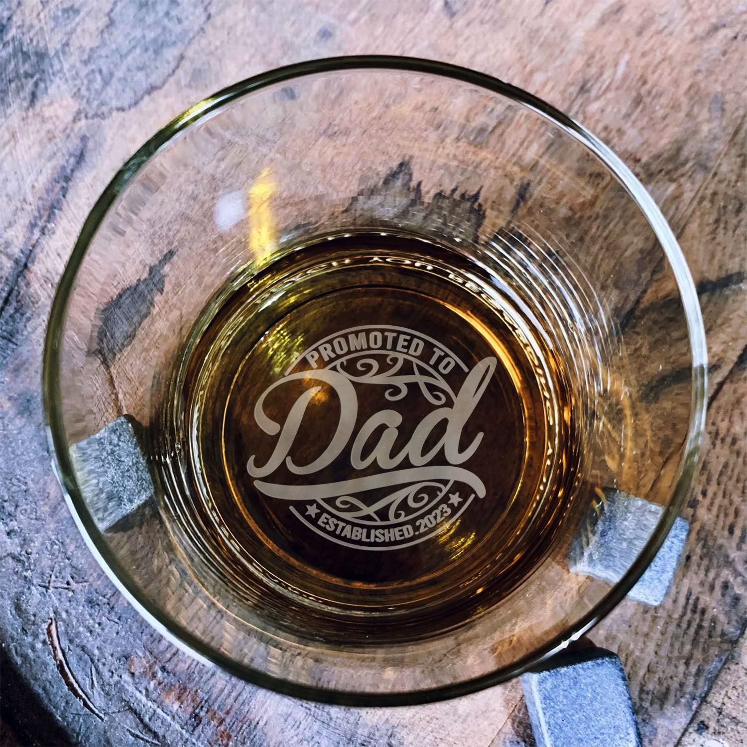 HTDesigns Promoted To Dad Established 2023 Whiskey Glass - Single Glass - Old Fashioned Whiskey Bourbon Or Scotch - Valentine's Day Gift - Bottom Engraved Bourbon Whiskey Glass