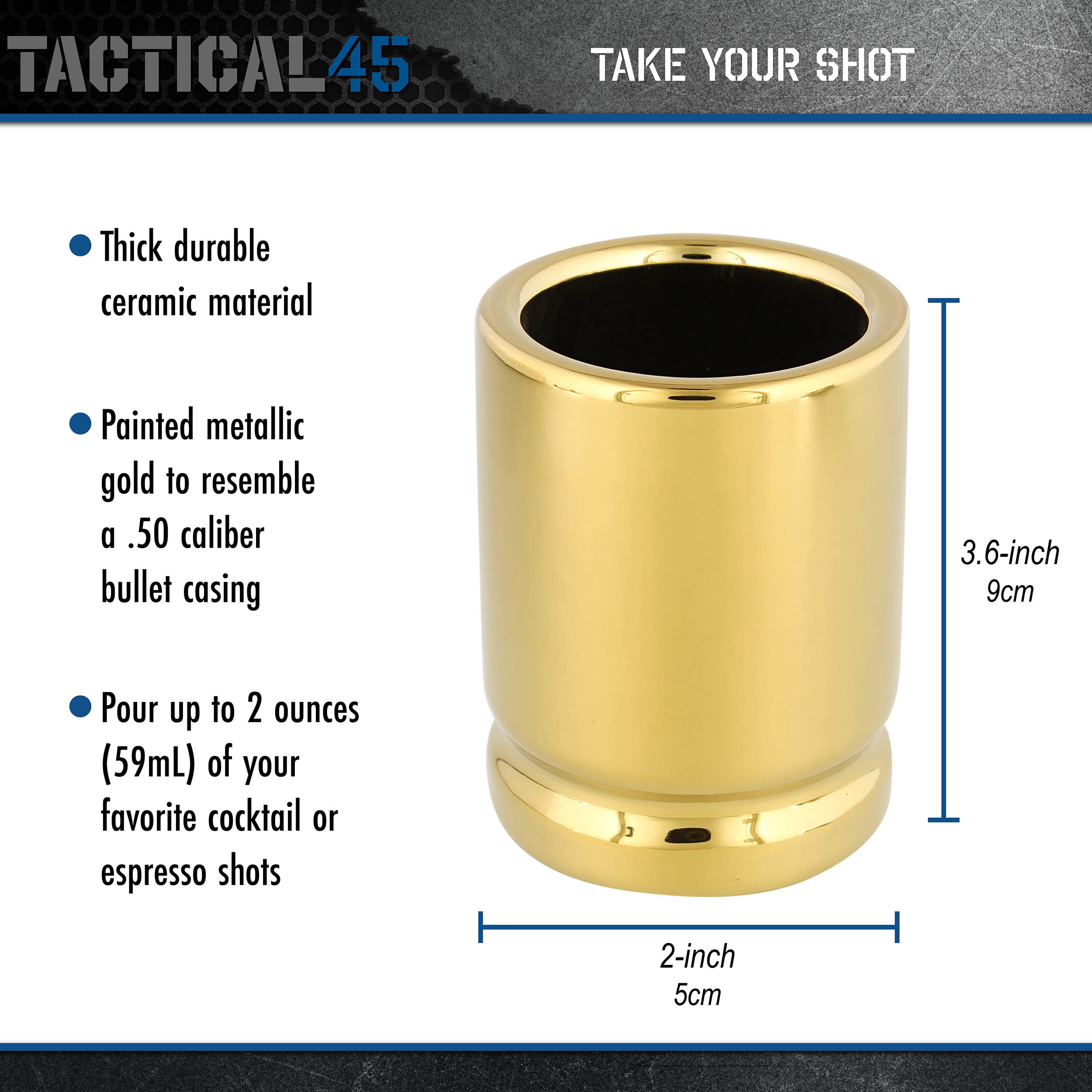 Tactical45 Shot Glass Set - Novelty 50 Caliber Ammo Casing 4pc Gold Shot Glasses for Father’s Day or Groomsmen Gifts