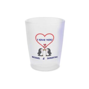 personalized custom text i love you two penguins ceramic shot glass cup