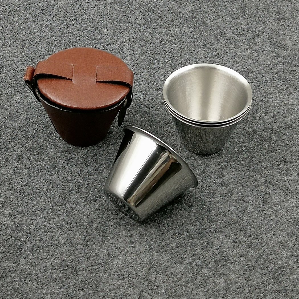 iSavage Shot Glasses with Brown-Red Leather Case 1.5oz Each Set of 4 18/8 Stainless Steel, 1pc Reusable Bag-YM205