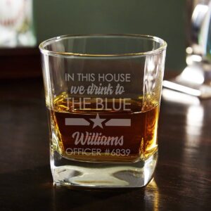 in this house thin blue line custom square whiskey glass (personalized product)