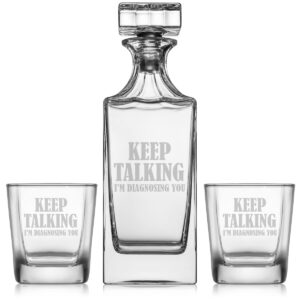 whiskey decanter gift set with 2 whiskey old fashioned rocks glasses funny keep talking i'm diagnosing you nurse doctor