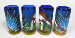 eye4art mexican tequila shot glasses with tequila making scene, jimador with blue agave cactus handmade and hand painted, 4 shot glasses