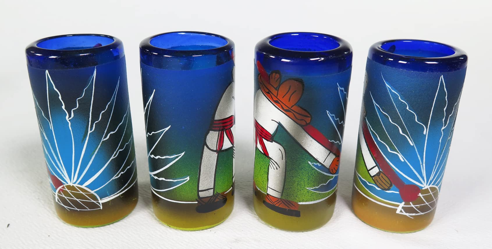 Eye4Art Mexican Tequila Shot Glasses with Tequila Making Scene, Jimador with Blue Agave Cactus handmade and hand painted, 4 shot glasses