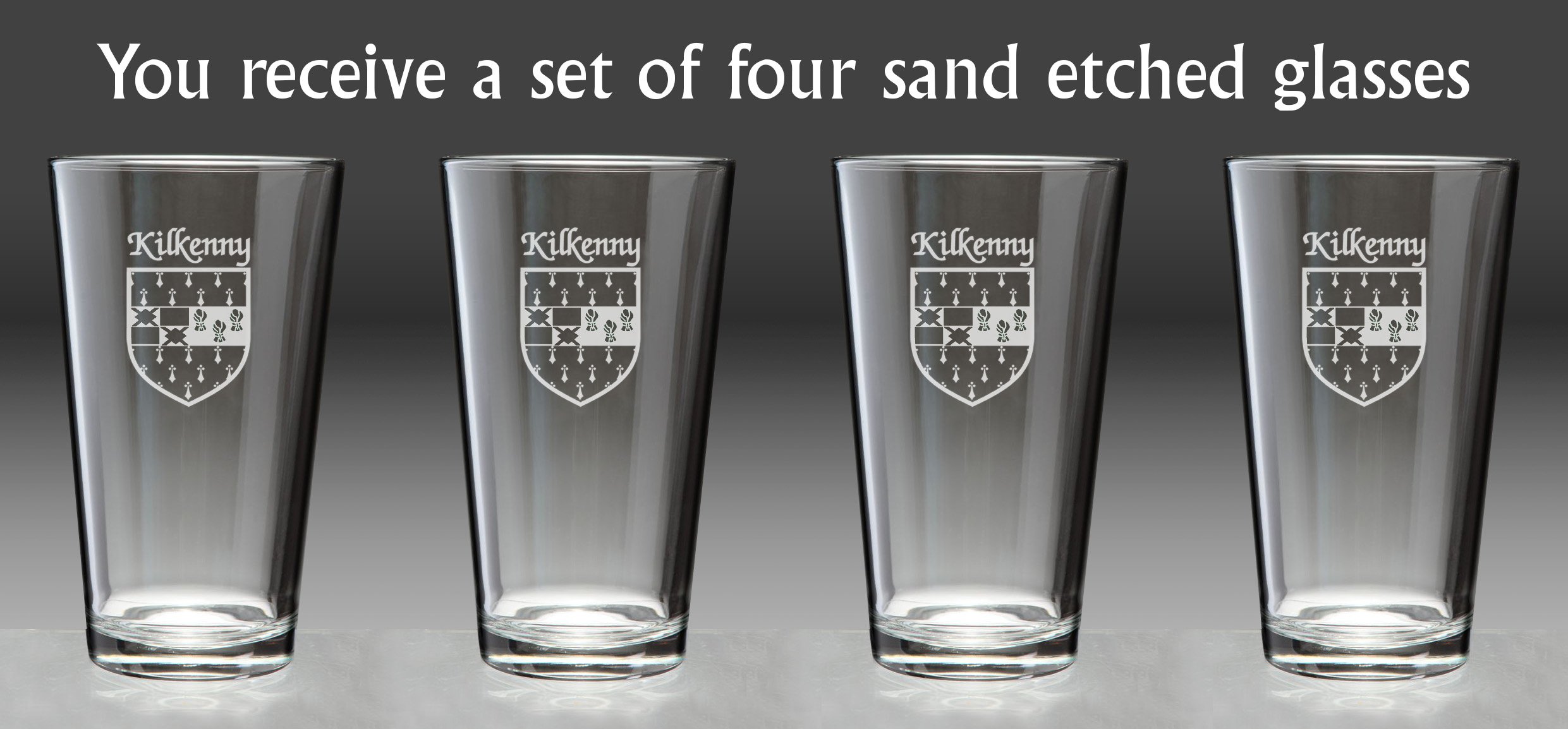 Kilkenny Irish Coat of Arms Pint Glasses - Set of 4 (Sand Etched)