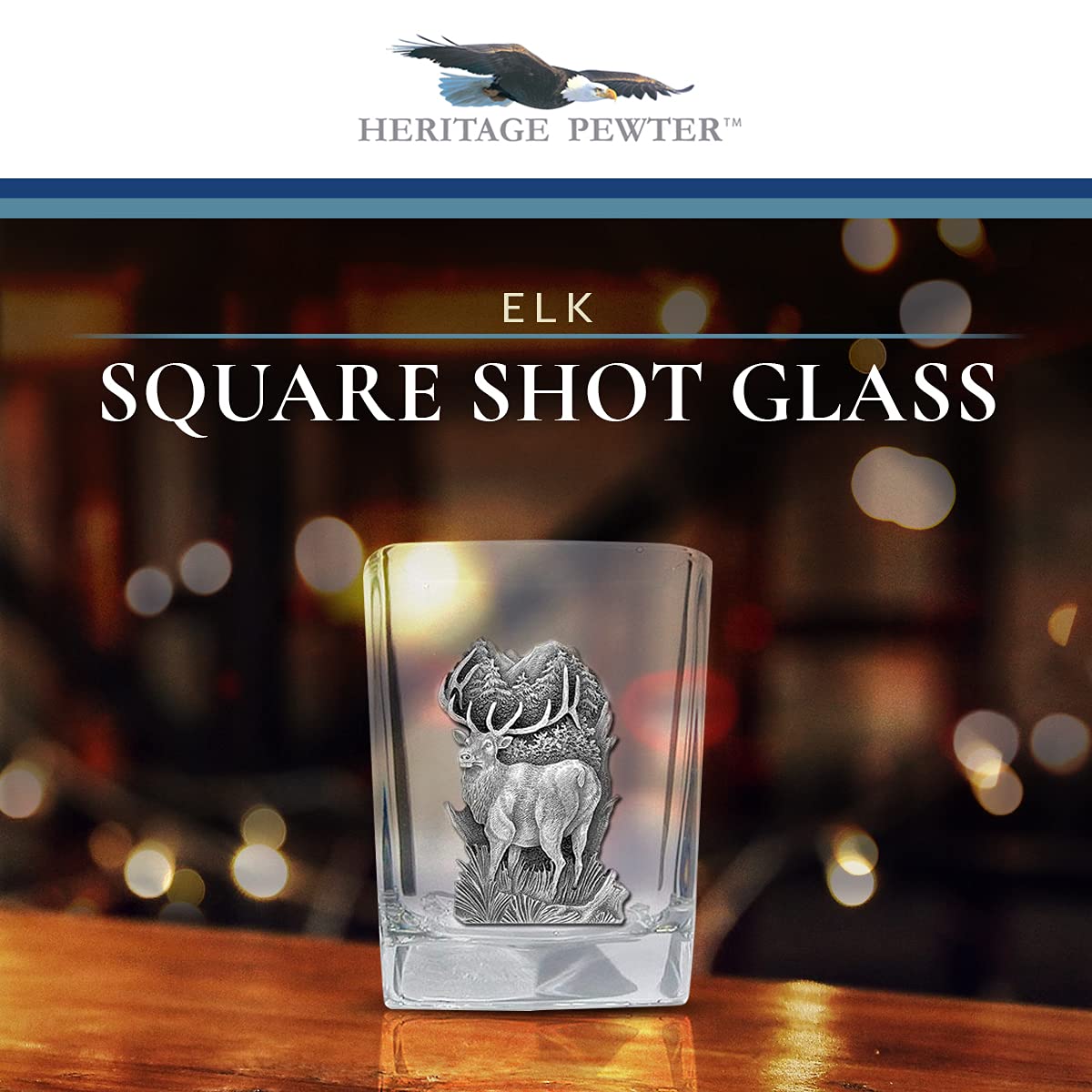 Heritage Pewter Elk Square Shot Glass | Hand-Sculpted 1.5 Ounce Shot Glass | Intricately Crafted Metal Pewter Elk Inlay