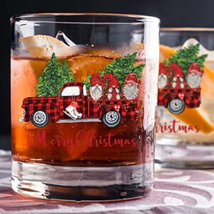 Toasted Tales Christmas Gnome Truck Christmas Glass | 11 oz Bourbon Whiskey Rock Glass | Novelty Christmas Whiskey Lowball Glasses | Christmas Home Décor Accessory | Holiday Décor