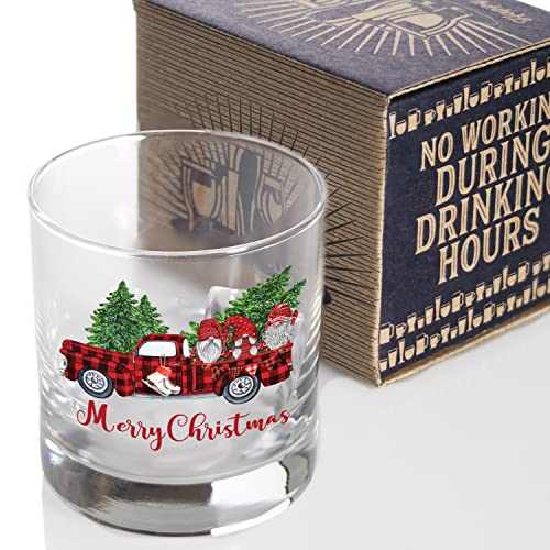 Toasted Tales Christmas Gnome Truck Christmas Glass | 11 oz Bourbon Whiskey Rock Glass | Novelty Christmas Whiskey Lowball Glasses | Christmas Home Décor Accessory | Holiday Décor