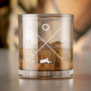 BOS Boston Massachusetts Round Rocks Glass - Boston Gift, Boston Gift Set, Best Massachusetts Gift, Boston Whiskey Glass