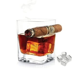 knc cigar whiskey glass - old fashioned whiskey glasses - tumbler with side mounted holder cigar rest-best accessories & gifts for drinking bourbon and scotch