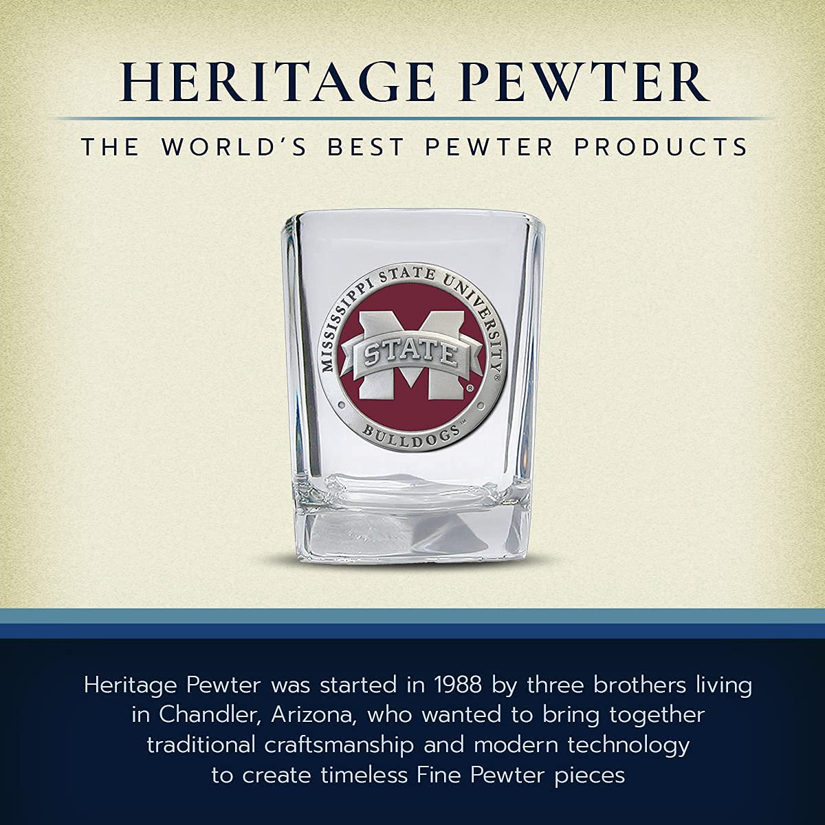 Heritage Pewter Mississippi State University Square Shot Glass | Hand-Sculpted 1.5 Ounce Shot Glass | Intricately Crafted Metal Pewter Alma Mater Inlay