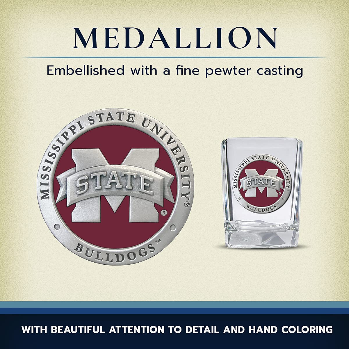 Heritage Pewter Mississippi State University Square Shot Glass | Hand-Sculpted 1.5 Ounce Shot Glass | Intricately Crafted Metal Pewter Alma Mater Inlay