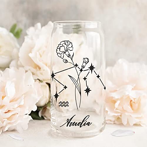 callie Personalized Name Zodiac and Birth Flower Can Tumbler Glass with Bamboo Lids 20oz for Gifts,Glass Can Cups for Iced Coffee, Soda, Bubble, Juicing, Smoothies, Milk.