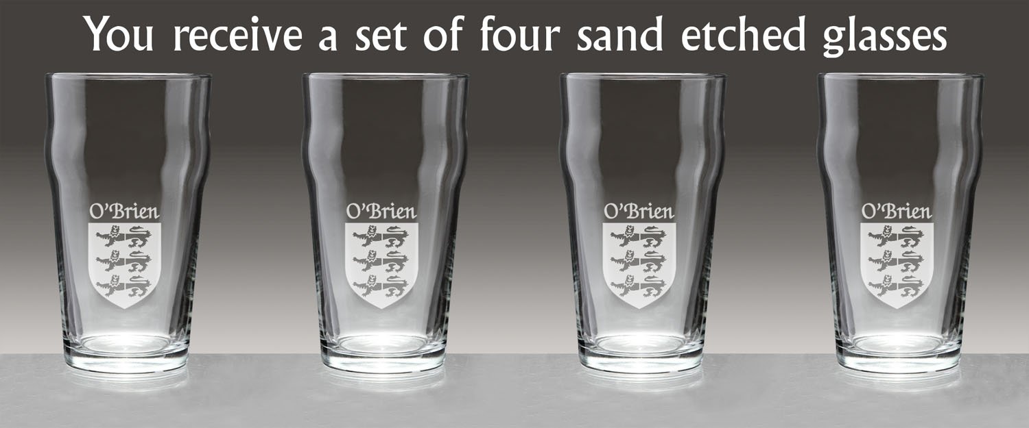 O'Brien Irish Coat of Arms Pub Glasses - Set of 4 (Sand Etched)