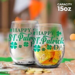 Toasted Tales - St Patrick's Day - Happt St Patrick Day Wine Glasses | St Pattys Glasses for Party Decorations | Home Decor Glasses | Irish Gifts | Gift for Mens & Womens (15 oz)