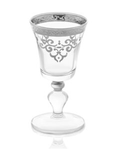 clear liquor glasses with stem and silver design-set of 6-fills 2 ounces-measures: 4"h x 2"d