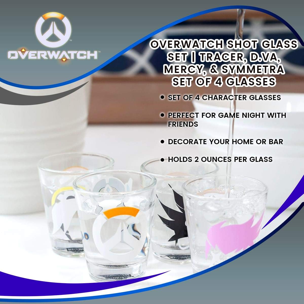 JUST FUNKY Overwatch Shot Glass Set | Tracer, D.Va, Mercy, & Symmetra | Set Of 4 Glasses