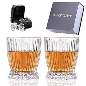 whiskey glasses gift box set - crystal old fashioned whiskey glasses with skull ice molds - for scotch, bourbon, cocktails - crystal glassware gifts to men, whiskey lover - 10oz