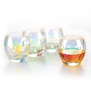 verolux iridescent whiskey glasses - scotch, bourbon, liquor and cocktail drinks - rainbow-colored, premium crystal glasses, thick heavy base - set of 4, 12 oz
