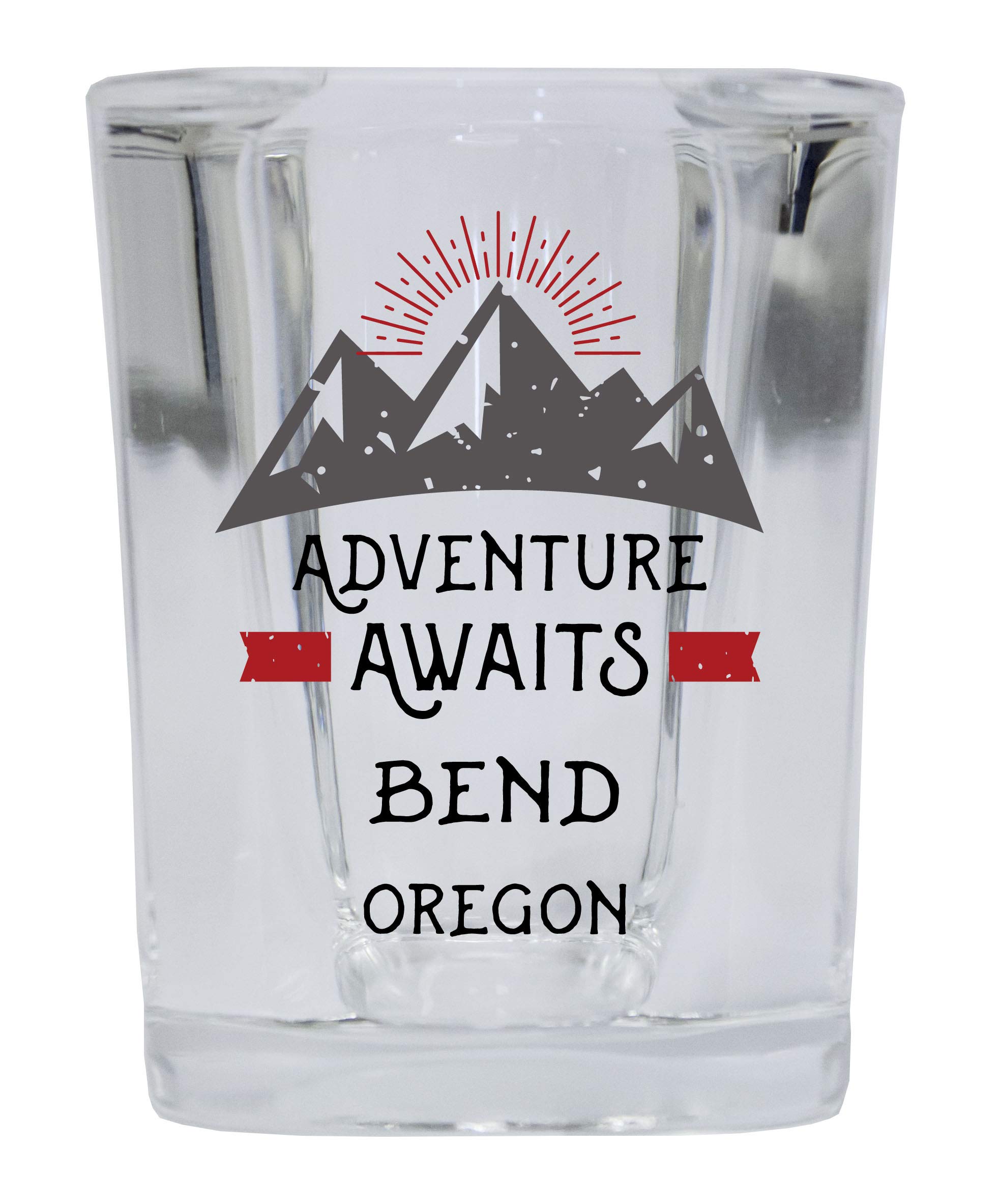 R and R Imports Bend Oregon Souvenir 2 Ounce Square Base Liquor Shot Glass Adventure Awaits Design