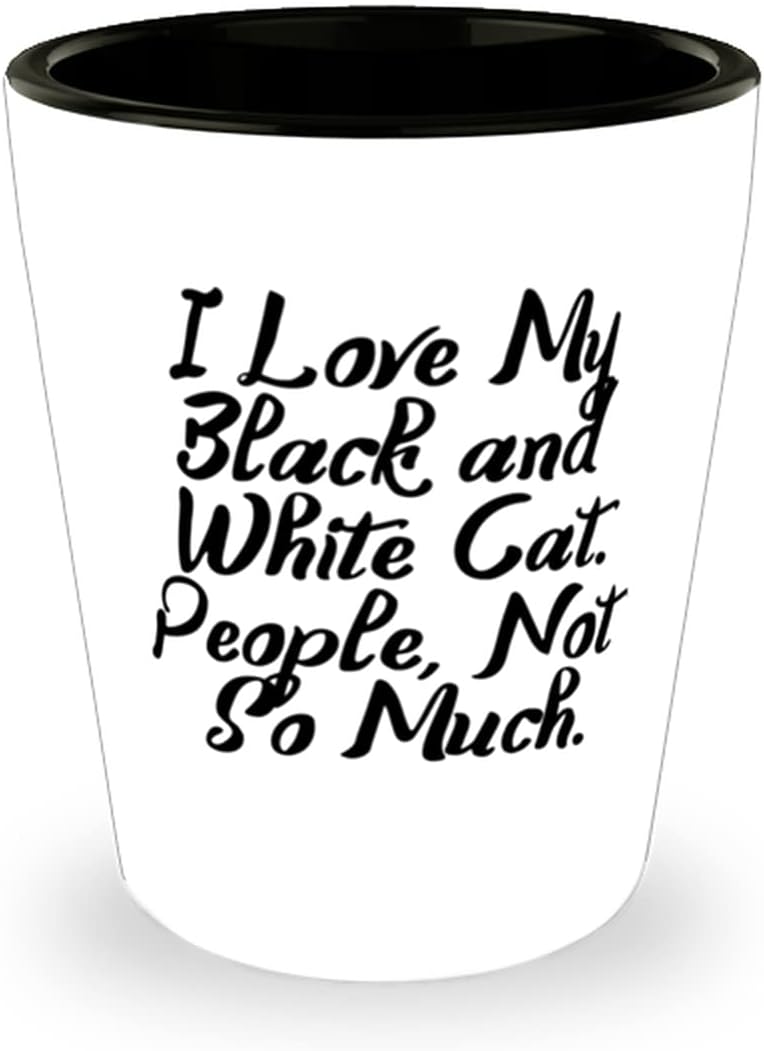 I Love My Black and White Cat. People, Not So Much. Shot Glass, Black and White Cat Present From Friends, Unique Ceramic Cup For Cat Lovers