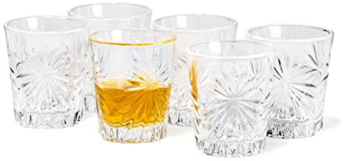 Red Co. Set of 6-2oz Clear Shot Glasses Set with Carved Pattern, Home Bar Glassware for Brandy, Liquor, Jello Shots - Rising Star Pattern