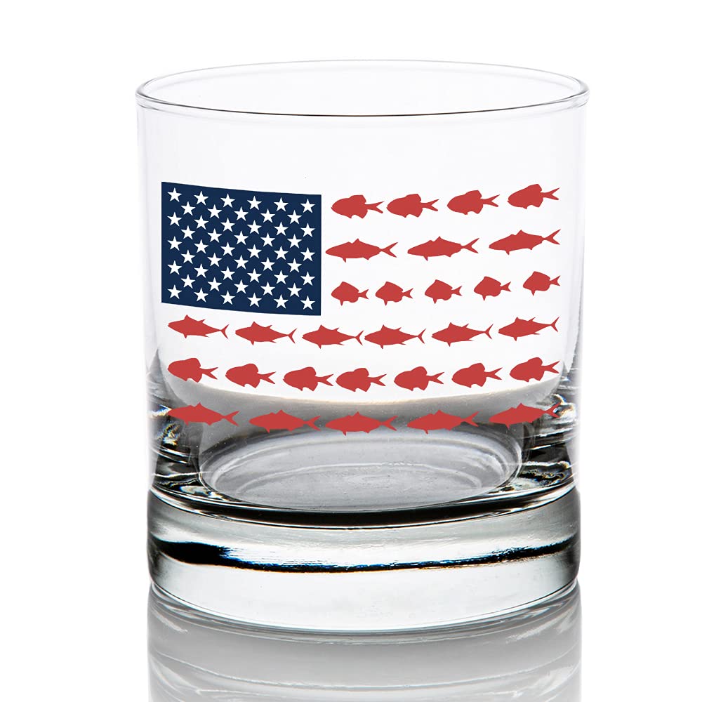 Lucky Shot - American Flag Fisherman Novelty Whiskey Glass Gift for Men or Women | America Patriot Fish Flag Gift for Fishing & Whiskey Lover - (11 oz) Highball Glass