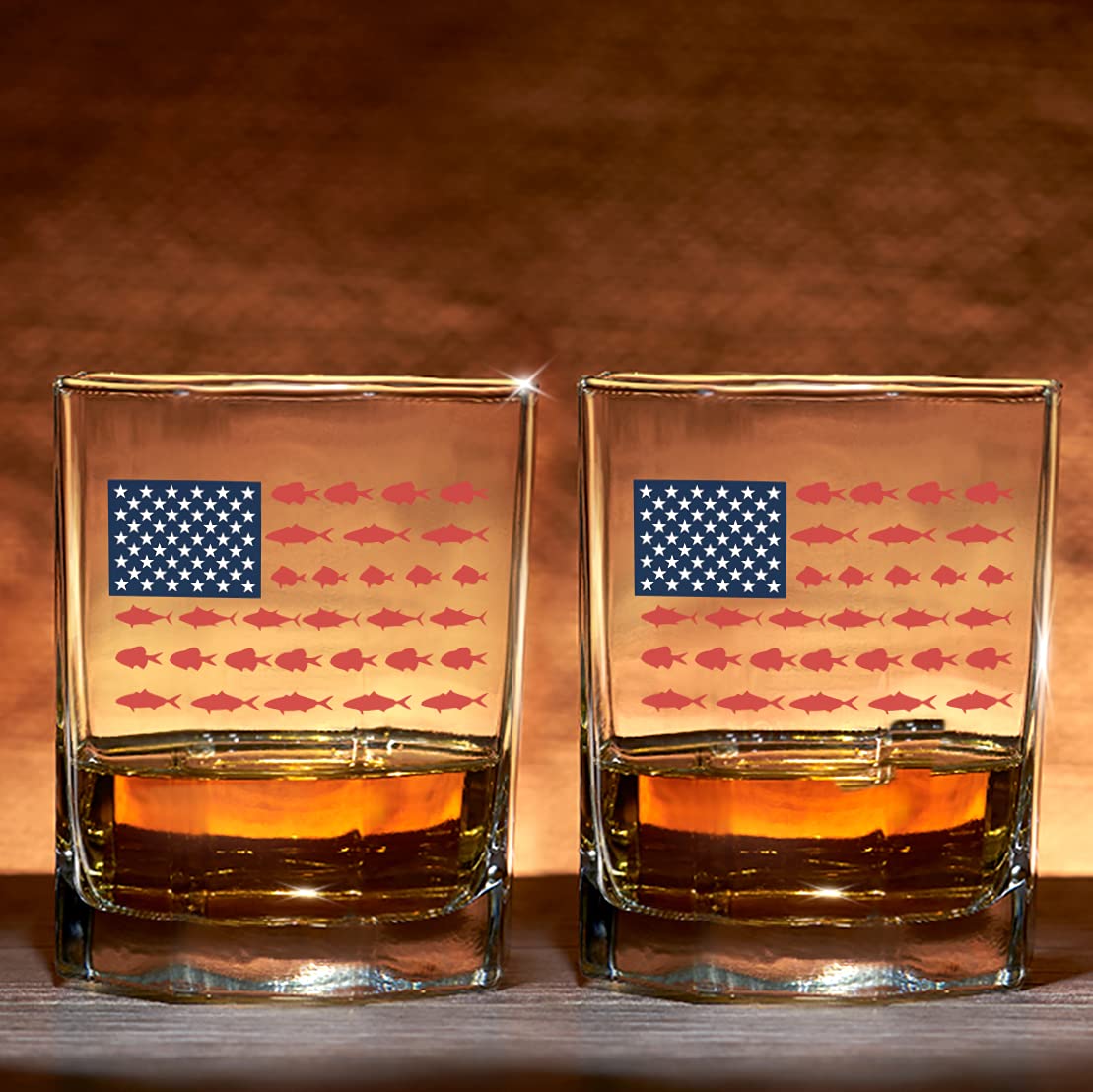 Lucky Shot - American Flag Fisherman Novelty Whiskey Glass Gift for Men or Women | America Patriot Fish Flag Gift for Fishing & Whiskey Lover - (11 oz) Highball Glass