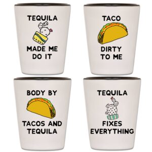 tequila shot glasses - set of 4 taco tuesday & cinco de mayo party shooters with funny quotes & sayings - unique novelty mexico drinking shotglasses - fun gift for men, women, adults & 21st birthday